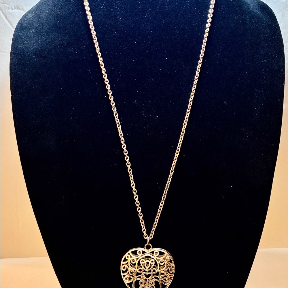 Vintage Like Gold Tone Heart Pendant Cage with Filigree Design on a GT Chain